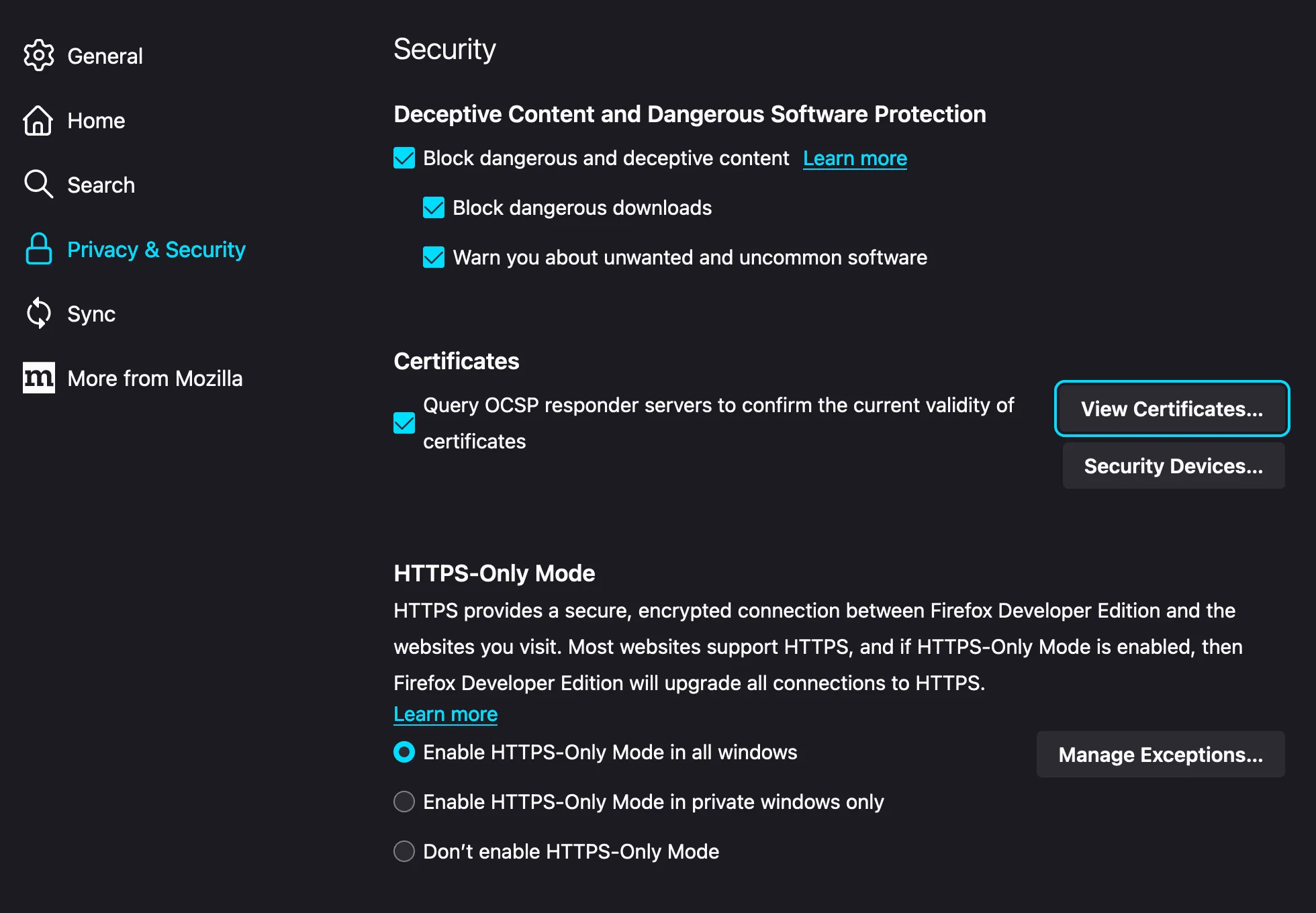 Certificate settings in Firefox.