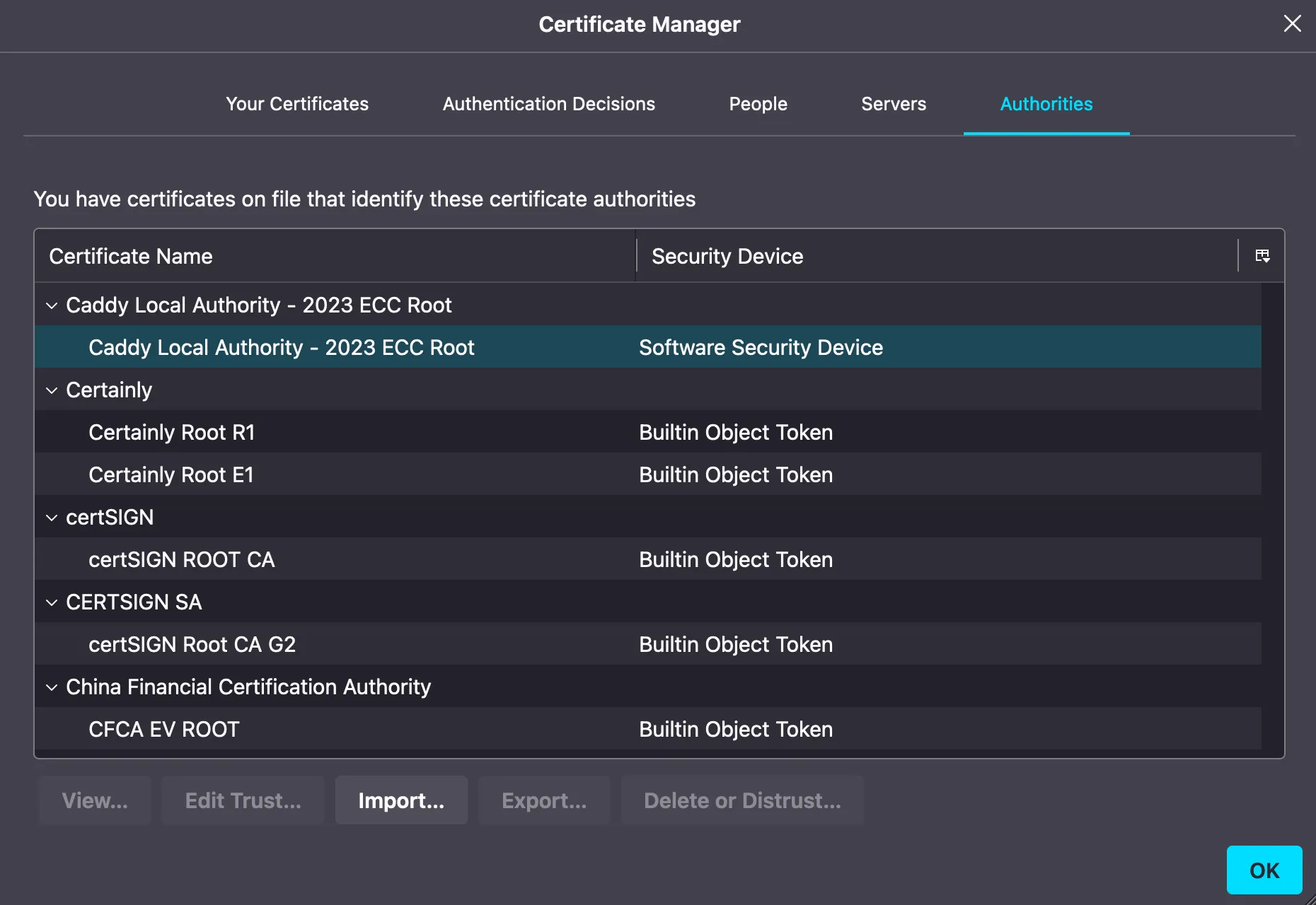 Caddy's local CA in Firefox's Certificate Manager.