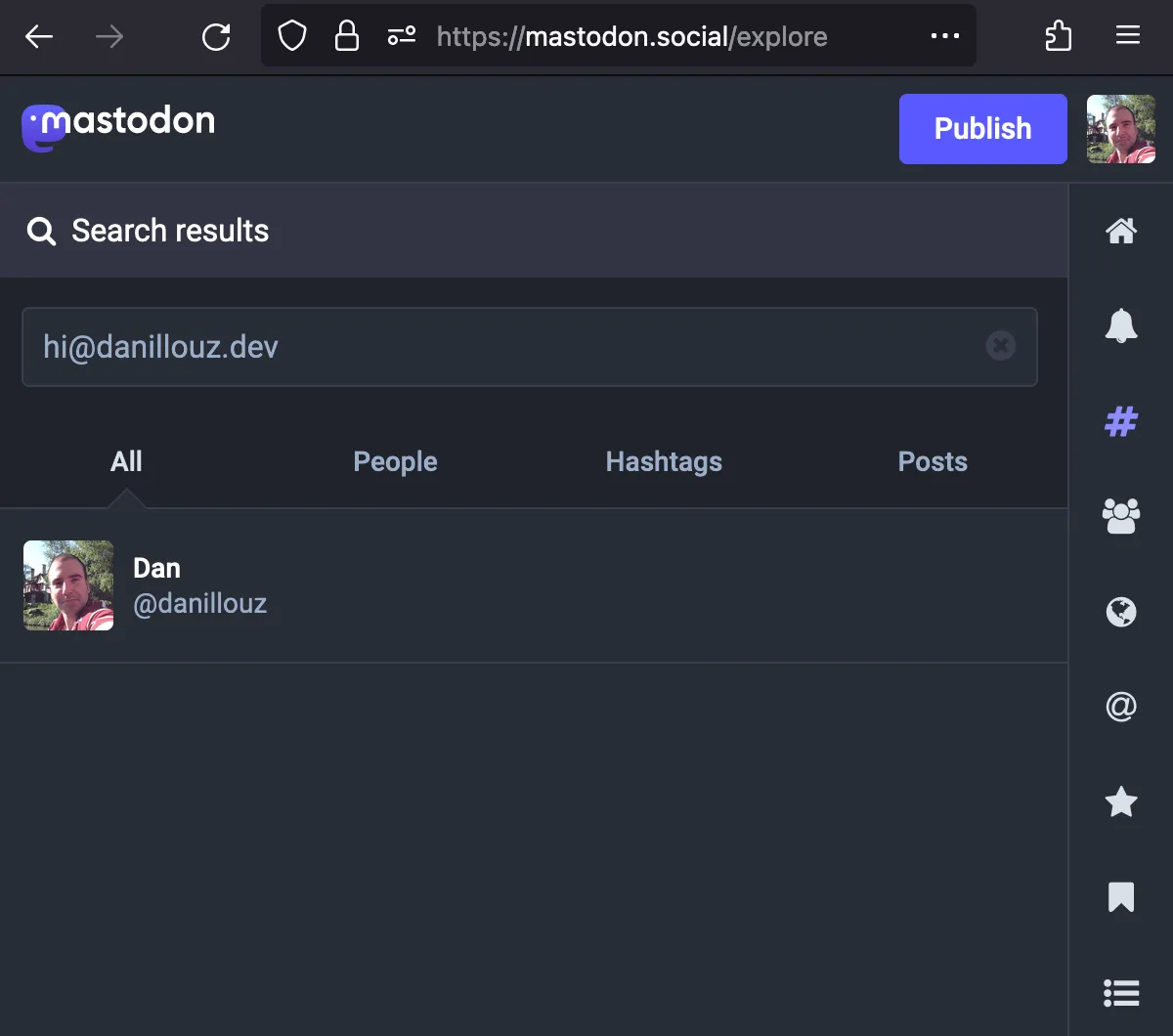 Mastodon search results, showing a search hit after searching for hi@danillouz.dev.
